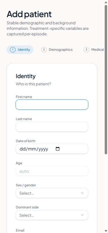 Velyra mobile patient data collection screen showing the add-patient identity step